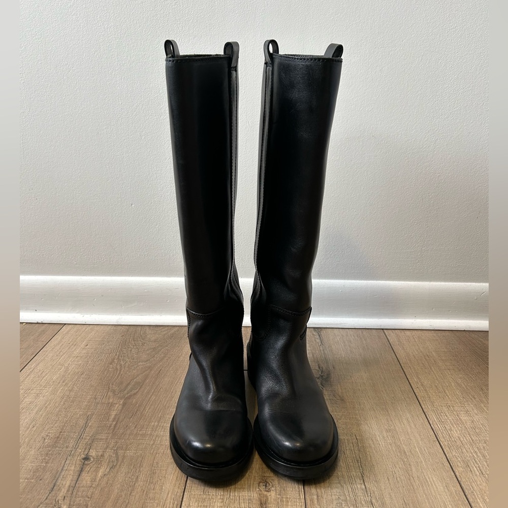 Zara Black Leather Knee High Boots Flat Round Toe Pull Tab Equestrian US Sz 7.5